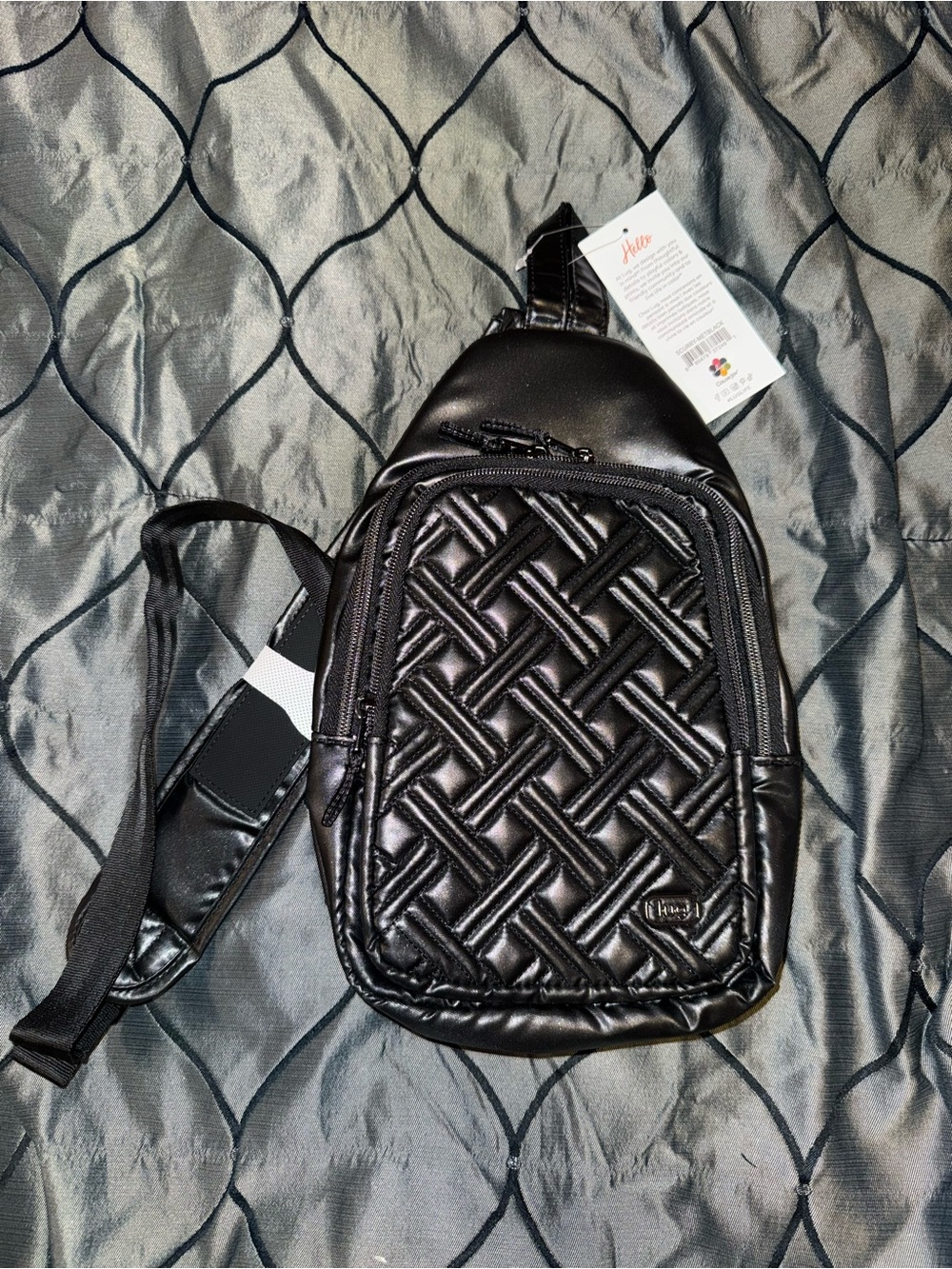 LUG Scurry Sling Crossbody.  Metallic Black Quilted Crossbody Sling